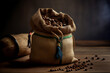 Coffee beans in a jute bag. Created with Generative AI technology