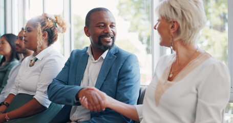 Aufkleber - Business people line, recruitment and handshake for man, woman and hello while waiting for hr staff. Human resources, shaking hands or networking at job interview, friendly or welcome conversation