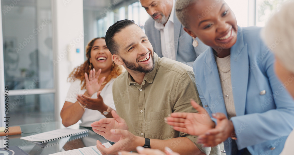 Success, applause and team celebration in office at startup business ...