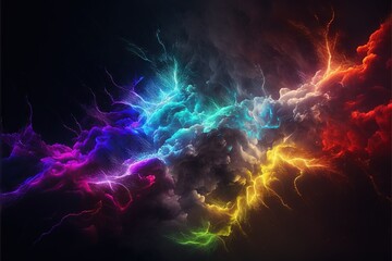 Poster -  a multicolored cloud of smoke and lightening is seen in this image of a black background with a black background and a white border.  generative ai