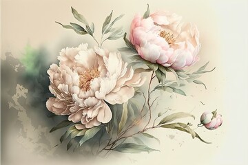 Wall Mural - Luxurious light peony flowers in watercolor painting style. Botanical background or wallpaper design. AI