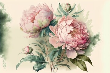 Wall Mural - Luxurious light peony flowers in watercolor painting style. Botanical background or wallpaper design. AI