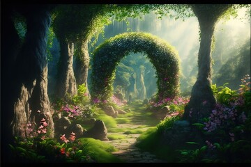 Wall Mural - Unreal fantasy landscape with trees and flowers. Garden of Eden, exotic fairytale fantasy forest, Green oasis. Sunlight, shadows, creepers and an arch. AI