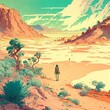 Anime Image of a Long Line of Hikers in an Endless Desert. Canyon. [Sci-Fi, Fantasy, Historic, Horror Scene. Graphic Novel, Video Game, Anime, Comic, or Manga Illustration.]
