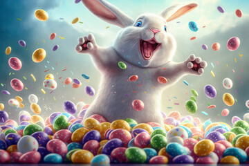 happy easter bunny with many colorful easter eggs. generative ai.