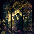 Fairytale Couple Kissing in Fantasy Bower with Stained Glass Window. Valentine’s Day Romance Lovers’ Kiss. [Sci-Fi, Fantasy, Historic, Horror Scene. Graphic Novel, Video Game, Anime, Comic, or Manga]