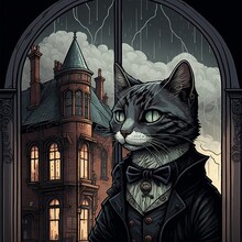 Victorian Cat In A Suit In Front Of A Large Gothic Victorian Mansion In A Rain Storm. [Storybook, Fantasy, Historic, Cartoon Scene. Graphic Novel, Anime, Comic, Or Manga Illustration.]