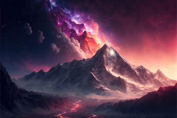 Wall Mural - fantasy mountains in neon color in winter AI