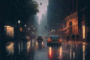 Wall Mural -  a painting of a city street at night with people walking on the sidewalk and cars driving on the street in the rain, with buildings and people walking on the sidewalk.  generative ai