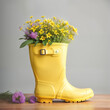 © Maksim Kostenko - Yellow rain boots with wild flower bouquet. Summer background. Generative Ai