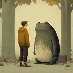 Wall Mural - Man in the Woods Talking to Giant Fairytale Frog. [Storybook, Fantasy, Historic, Cartoon Scene. Graphic Novel, Anime, Comic, or Manga Illustration.]