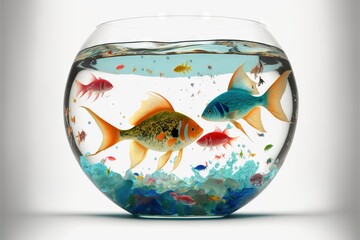  a fish in a bowl filled with water and bubbles of water and bubbles of water on the bottom of the bowl are goldfish and other fish.  generative ai