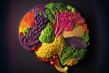  a close up of a colorful brain made out of vegetables and fruits on a black background with a yellow ribbon around the side of the brain.  generative ai