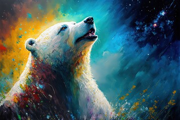 Wall Mural - illustration of smiley face of animal with color splash oil painting style, cute polar bear, Generative Ai