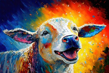 Wall Mural - illustration of smiley face of animal with color splash oil painting style, cute smile cow

