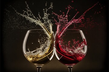  two wine glasses with red and white wine splashing out of them, on a black background, with a black background and a black background.  generative ai