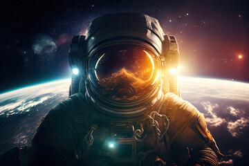 Wall Mural - astronaut in space suit flying in outer space with planet on background, close up. deep space explor