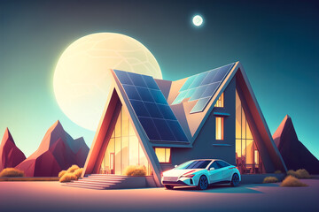 Ultra modern house with solar panels on roof and futuristic in the foreground. Mars landscape, moon in the sky. Flat style. Generative AI