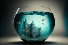  A Fish Bowl With A Castle In The Middle Of The Water And Goldfish Swimming Around The Bottom Of The Bowl, With A Dark Background.  Generative Ai