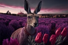  A Kangaroo In A Field Of Flowers With A Castle In The Background And A Pink Sky In The Distance With A Purple Sky And Pink Clouds.  Generative Ai
