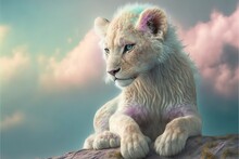  A White Lion Sitting On Top Of A Rock Under A Cloudy Blue Sky With Pink And Green Highlights On It's Fur And Eyes.  Generative Ai
