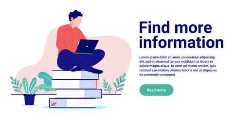 Aufkleber - Find more information - Man sitting on books with legs crossed and laptop, reading and doing research. Flat design vector illustration with white background and copy space for text