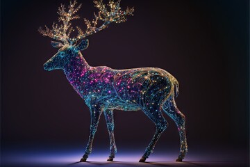  a glowing deer standing in the middle of a room with a purple background and a black background with a pattern of lights on it's antlers.  generative ai