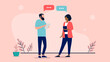 Two people talking - Conversation between businesspeople standing with speech bubbles in air. Flat design vector illustration