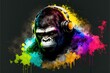 a gorilla with headphones on and a splash of paint on the wall behind it is the image of a gorilla with headphones on.  generative ai