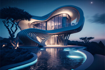 Modern design architectural villa exterior with infinity pool. Designed using generative ai. 