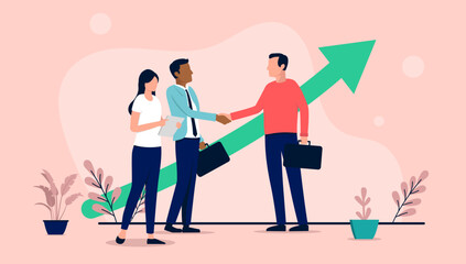 Aufkleber - Great business deal - People shaking hands over successful business agreement in front of green arrow pointing up towards success and growth. Flat design vector illustration