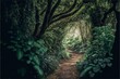  a painting of a path in a forest with trees and ferns on either side of it and a path leading to the end of the path.  generative ai