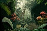  a painting of a tropical jungle scene with flowers and plants in the foreground and a bird in the distance with a bird in the foreground.  generative ai