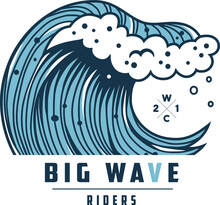 Summer Wave With Foam For Surfing Hawaii Print. Wavy Sea Or Ocean For Nautical T-shirt Design. Logo Of Summer Marine Tide