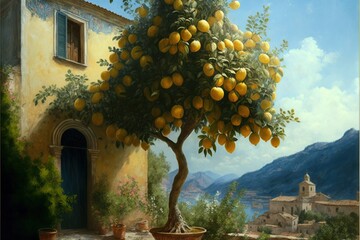 Poster -  a painting of a lemon tree in front of a house with a view of a mountain and a town below it with a blue sky.  generative ai