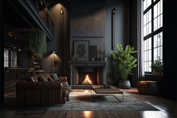 Wall Mural - Dark Living room with fireplace 