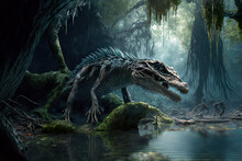 In An Ancient Alien World, Different Animal Species Live In The Swamp, Reptiles, Amphibians And Many Alien Species. An Image Of An Alien World, Which Is An Image Created By An Imagined AI.
