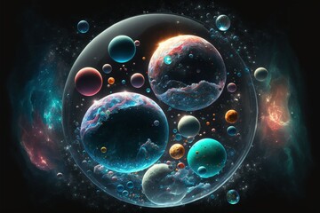  a bunch of bubbles floating in a space filled with stars and a lot of bubbles on the bottom of the bubbles are blue, red, yellow, orange, and green, and blue.  generative ai