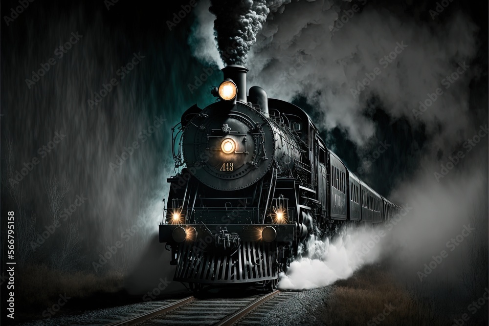 a steam engine train traveling through a foggy night filled forest with ...