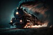 © Anna - a steam engine train traveling down train tracks in the dark night time with smoke pouring out of it's stacks and steam pouring out of it's stacks.  generative ai