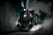  a steam engine train traveling through a foggy night filled forest with smoke billowing from it's stacks and a bright light on its head.  generative ai