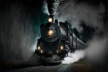  A Steam Engine Train Traveling Through A Foggy Night Filled Forest With Smoke Billowing From It's Stacks And A Bright Light On Its Head.  Generative Ai