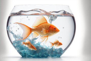 Poster -  a goldfish in a bowl of water with a splash of water on the bottom of the bowl and the bottom of the bowl is blue.  generative ai