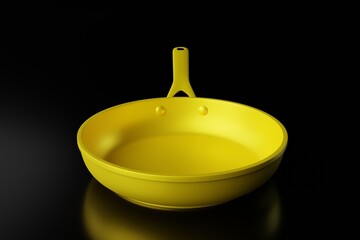 Canvas Print - Yellow frying pan on a dark background. The concept of frying, cooking. Buying equipment for the kitchen, dishes. 3d render.