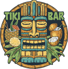 Sticker - Tiki bar of hawaii with tiki mask, pineapple and coconut cocktail and tropical leaves for summer surfing print or tropic exotic beach