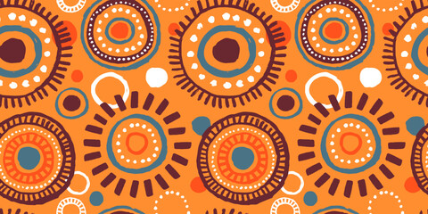 Aufkleber - African art style seamless pattern. Traditional hand drawn tribal background with circle sun or mandala decoration. Ethnic culture fashion print, textile, wrapping paper backdrop.