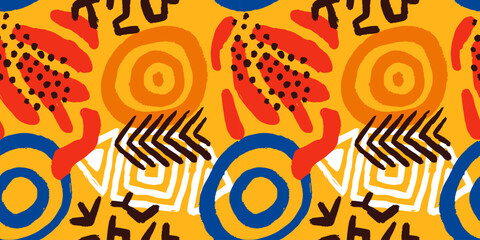 Aufkleber - African art style seamless pattern. Traditional hand drawn tribal background with circle sun or mandala decoration. Ethnic culture fashion print, textile, wrapping paper backdrop.