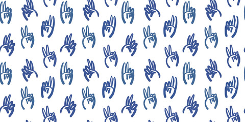 Funny peace sign hand cartoon doodle seamless pattern. Modern illustration background of people hands with two fingers up.