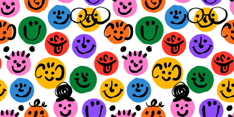 Wall Mural - diverse colorful children people face seamless pattern illustration. multi color little kid cartoon 