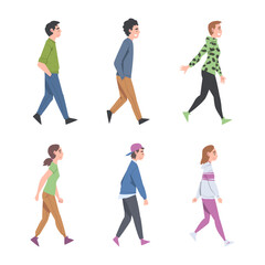 Canvas Print - People Characters Going and Walking with Different Gait Side View Vector Illustration Set